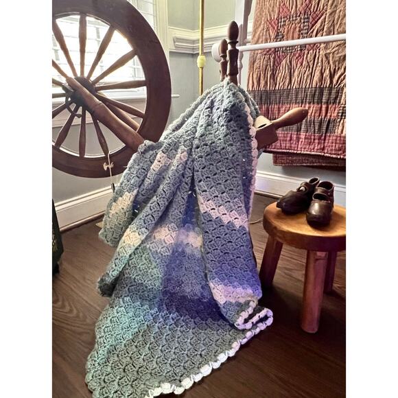 Handmade Crochet Baby Blanket-Blue Gray Afghan Throw-Vintage Nursery-Cottagecore - Picture 5 of 6